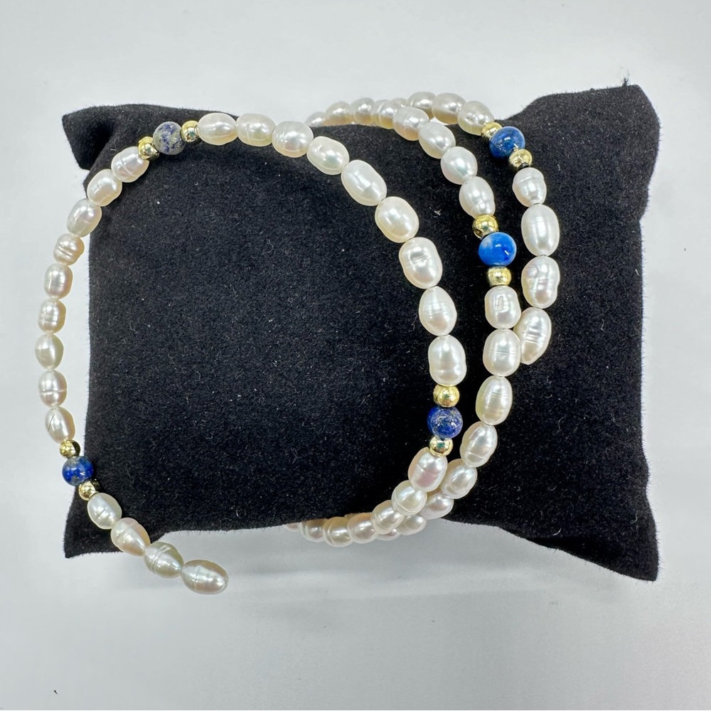 NWT Baroque Rice Pearl Coil Wrap Bracelet Lapis Blue White Gold Boho